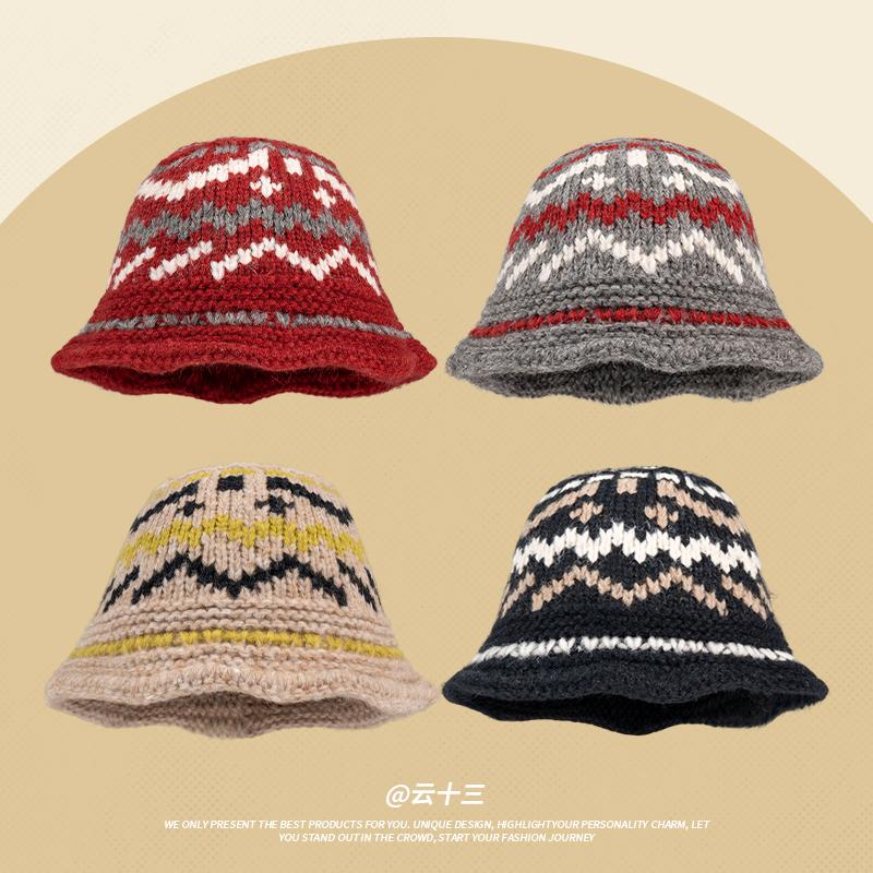 Vintage mixed-color knitted pattern hand-woven wool hat women's winter warm crimped ear hat women