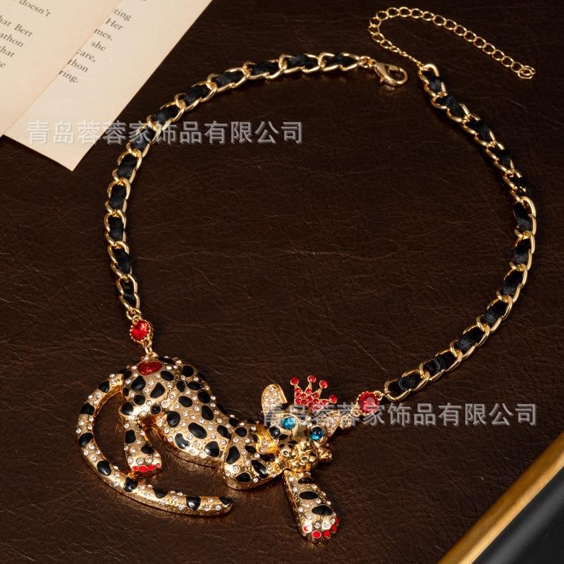 

BJ Animal Style Cheetah Necklace Colorful Treasure Exaggerated Leopard Head Earrings Personalized Antique Heavy Industry Jewelry