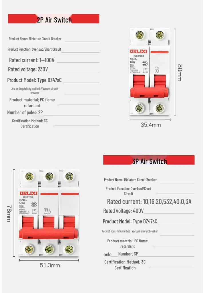 Delixi DZ47S Single Pole Miniature Circuit Breaker - Available In 20A, 25A, 32A, 40A, 63A