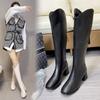 Autumn Winter New Long Boots for Women Over-the-Knee White High Boots, Chunky Heel Square Toe Fleece-Lined Slim Fit Riding Boots