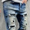 Men Jeans Ripped Whitewashed Multi Pockets Bottoms Skinny Washable Denim Pants Streetwear