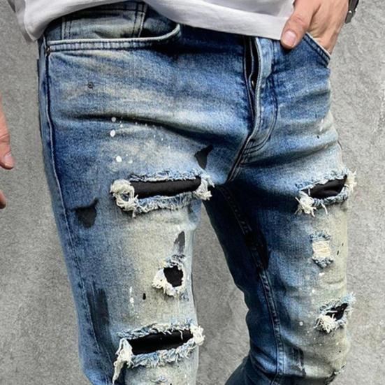Men Jeans Ripped Whitewashed Multi Pockets Bottoms Skinny Washable Denim Pants Streetwear