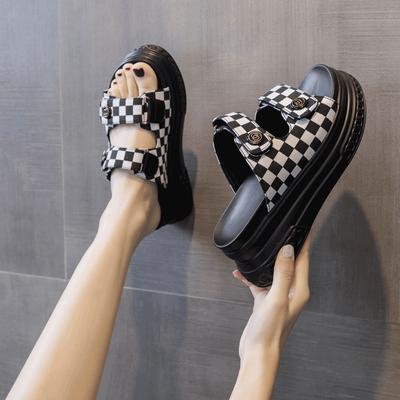 Heelless Cool Slippers Women's New Products In Summer 2025, Platform Muffin Sandals, Fashionable Versatile Checkerboard Sandals Women