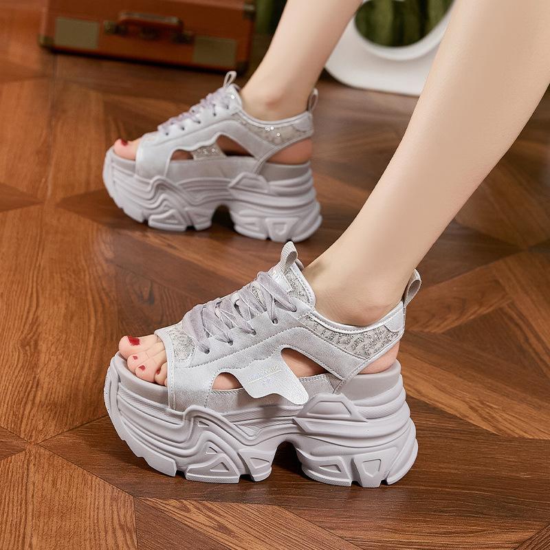 Fashion 9CM Synthetic Microfiber Leather Summer Hollow Platform Wedge Women Sandals Flats Chunky Sneakers Bling Vulcanize Peep Toe Shoes