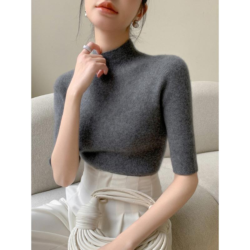 Five-quarter-sleeved Bottoming Shirt Women's Semi-turtleneck Inner Fit Slim-fitting Spring and Autumn with Coat New Knitted Sweater Top Half-sleeved