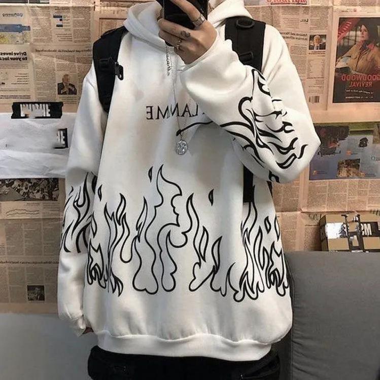 

Весна-осень-зима уличный хип-хоп ретро с пламенным принтом свободный бархатный свитер с капюшоном женские топы XXL белый