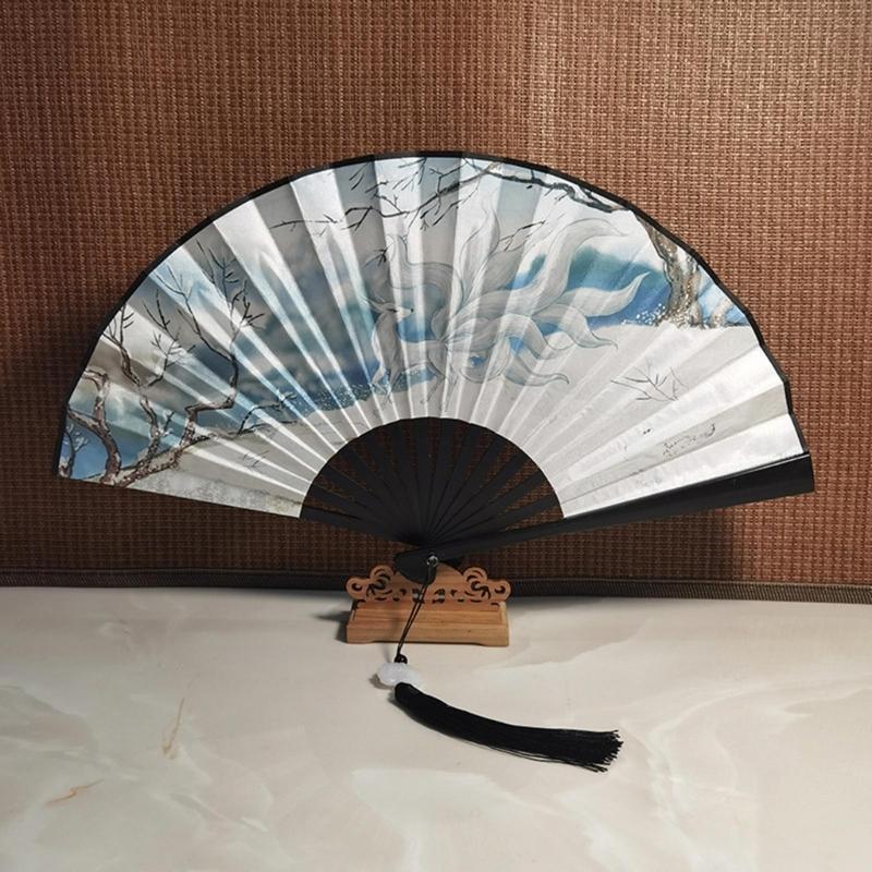Chinese Double Sided Painting Folding Fan Vintage Handhelds Fan with Tassels Plastic Foldable Hand Fan for Parties