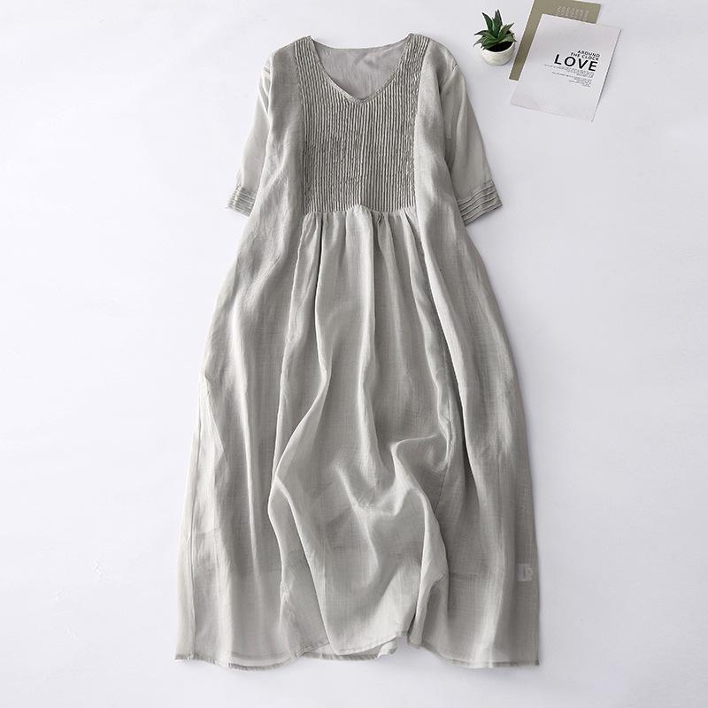2024 Summer Women's Cotton-Linen V-Neck Pleated Retro Dress