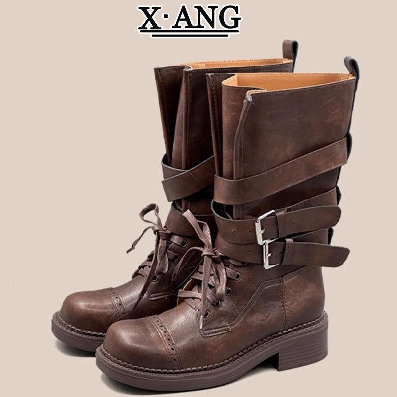 

Leather Martin boots women s boots autumn new belt buckle knight boots locomotive boots retro single boots medium boots 40