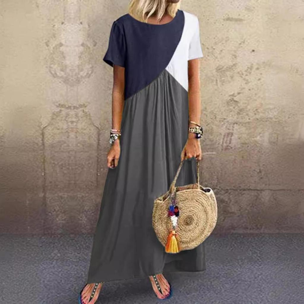 Women Dresses Long Maxi Dresses for Women Vestidos Casual Dress Beach Patchwork Color Short Sleeve Loose Casual Plus Size Dress
