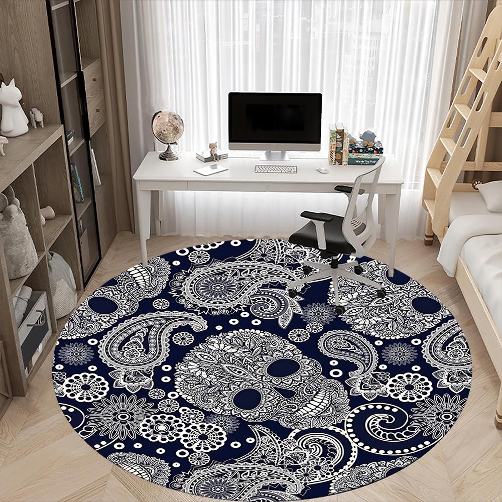 1pc Skull Paisley Office Round Area Rug, Indoor Mat Suitable ForOffice, Under Office Chairs Bedroom Living Room Home Decor, Room Deco 014