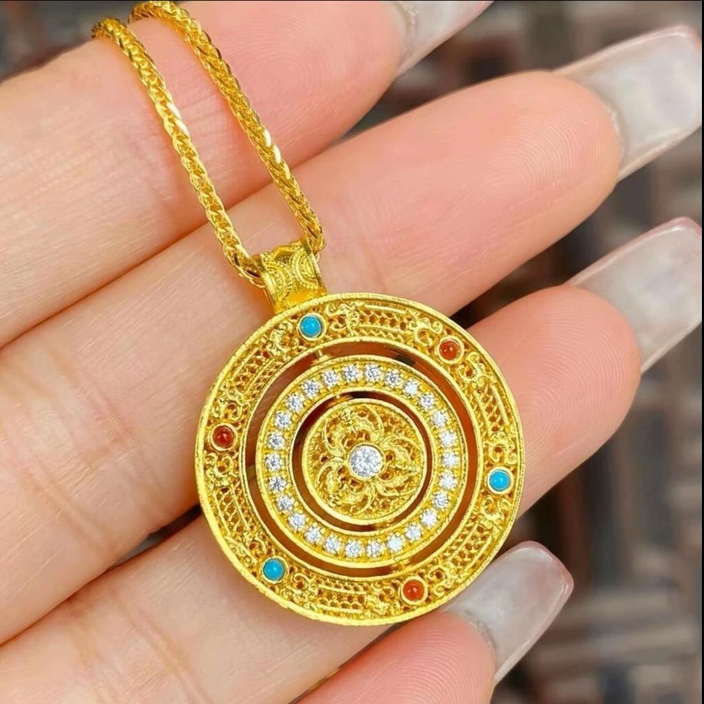 Gold Sand Eight Treasures Compass Pendant Necklace with Gourd Charm for Women