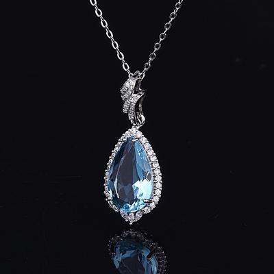 Luxury Silver 925 Jewelry Charms Necklace for Women Water Drop Shaped Pendant Chain Aquamarine Zircon