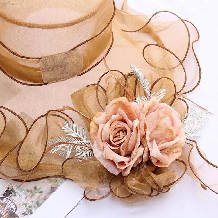 Damhatt för sommaren med blomma, strandhatt, moderiktig, andningsbar organza solhatt, hopfällbar platt topphatt