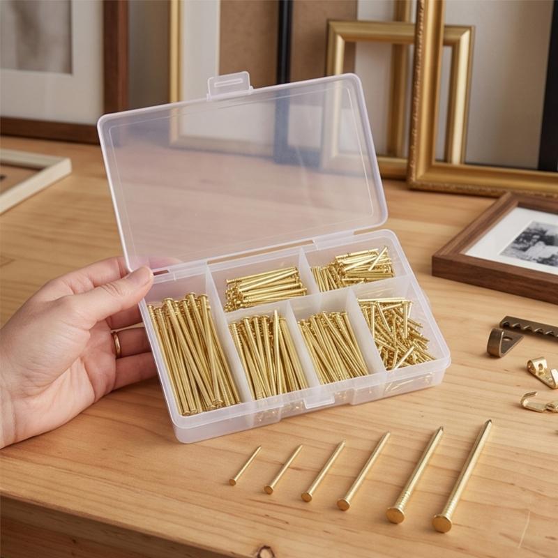 Small Hanging Nails Set for Wall Hanging, 300 Gold Tone Round Head Iron Nails in 6 Lengths with Storage Case for Daily Home Projects