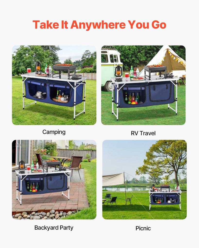 Camping Kitchen Table Folding Portable Cook Station 3 Adjustable Heights