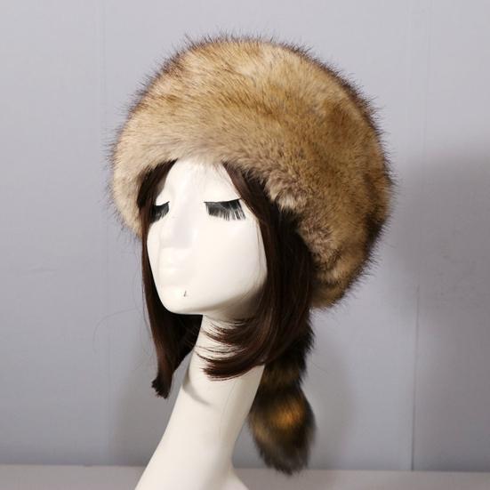 Winter Hat Faux Fur Raccoon Tail Russian Round Flat Top Ear Protection Thickened Autumn Winter Thermal Women Cap for Camping,