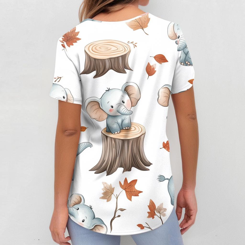 Women's Fashion Short Sleeve Cute Animal Printed V-Neck Pocket Workwear Tops