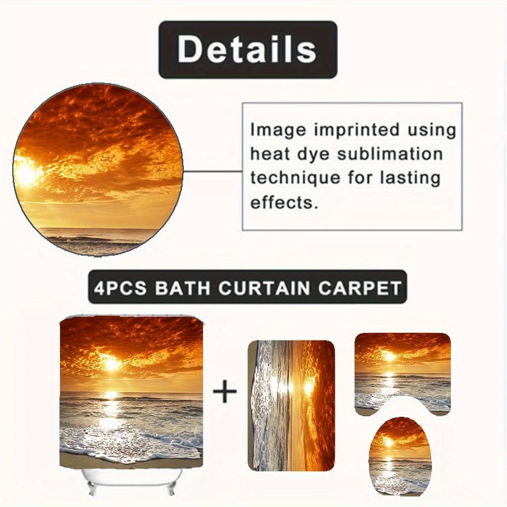 4Pcs Romantic Seaside Shower Curtain Set with Non-Slip Bath Mat, Toilet Lid Cover, Contour Rug & 12 Hooks, Bathroom Decor