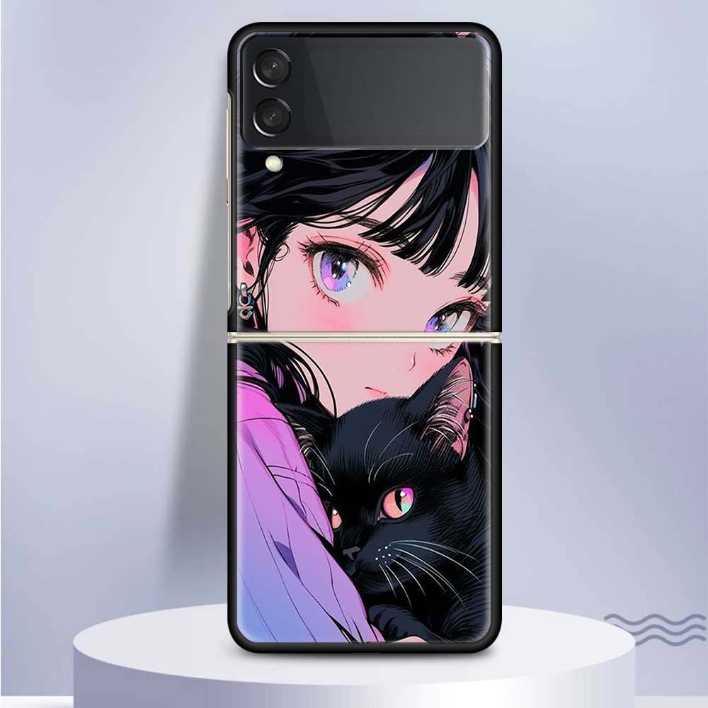 

Cute Anime Ins Girls Animal Cat For Samsung Galaxy Z Flip 5 4 3 5G Phone Case Black Hard Cover ZFlip 5 4 3 Luxury Shockproof Bum Samsung Z Flip 3