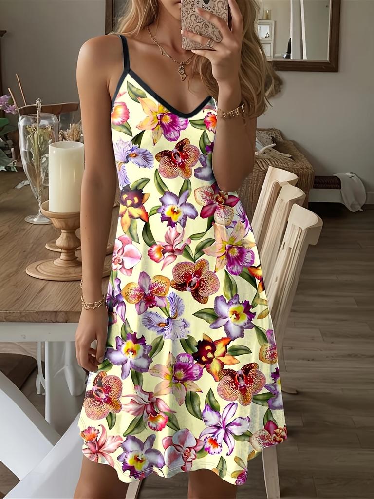 Europe, America, spring and summer new casual fashion flower print loose suspender short round neck medium and long dress