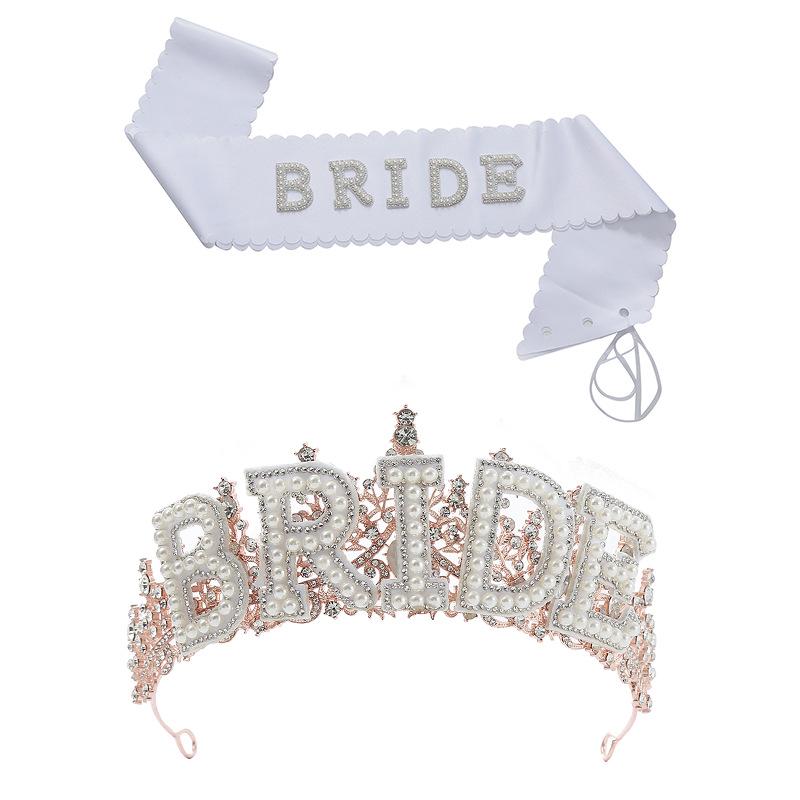 Pearl Lace Bridal Crown & Headband Set with Wavy Edge Sash and Shoulder Straps