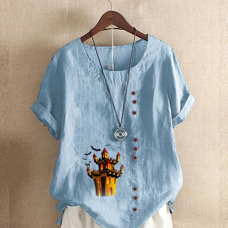 Women's Fashion Haunted House Prined Round Neck Short Sleeve T-shirt Casual Cotton Linen Graphic Shirt Leisure Loose Summer Blouse Tops