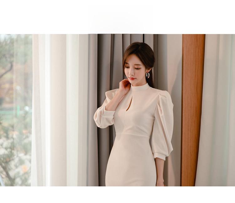 French Chic Stand-Up Collar Slim Lantern Sleeve Dress
