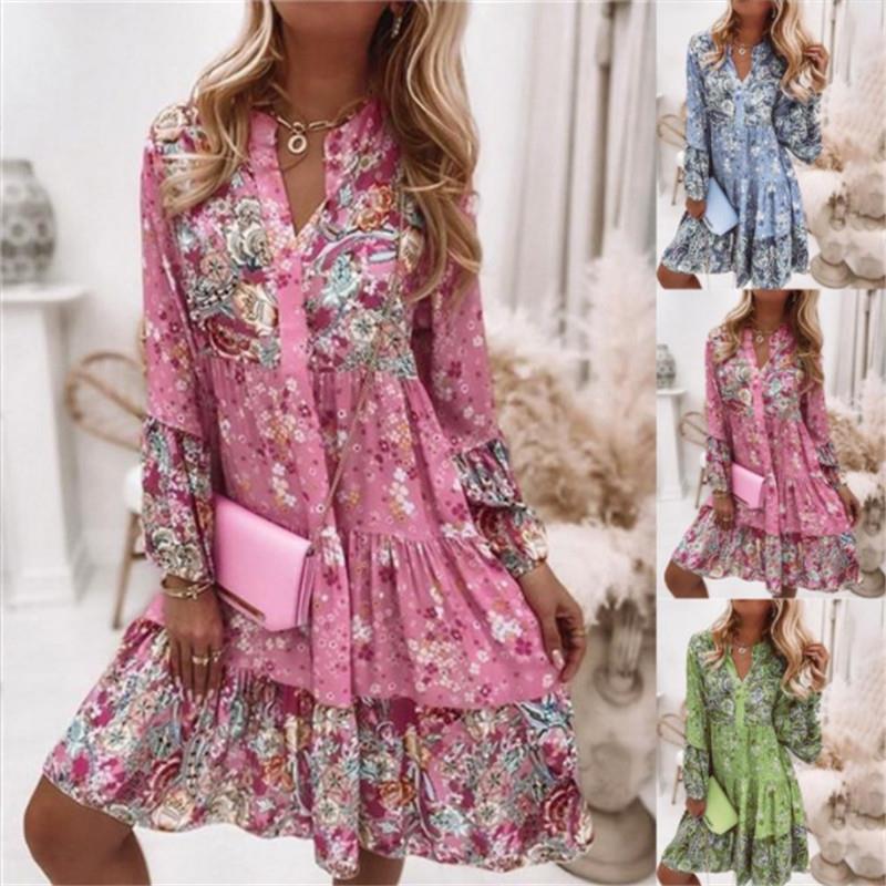 Summer Printed Dress, Loose and Fashionable V-neck Chiffon Pleated Dress