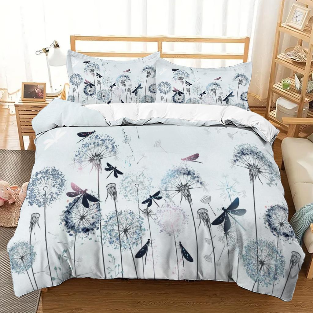 Blue Dandelion and Dragonfly Pattern 3D Printed Down Duvet Cover, Soft and Comfortable Bedding Cover