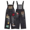 American Vintage Denim Overalls Men Women Leopard Patchwork Loose Wide Leg Embroidery Casual Jeans