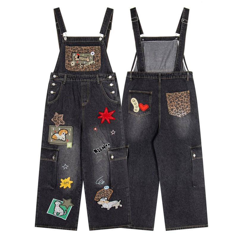 American Vintage Denim Overalls Men Women Leopard Patchwork Loose Wide Leg Embroidery Casual Jeans
