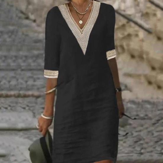 V-neck Half Sleeve Thin Beach Dress Women Elegant Lace Stitching Casual Dress Streetwear