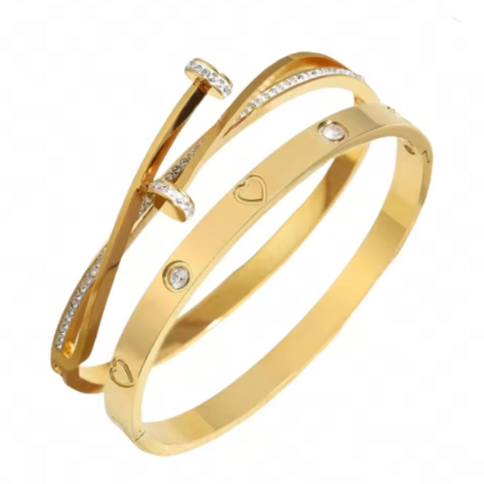 

ZAKOL 2 штуки Классический открытый браслет с гвоздиками для женщин Блестящие циркониевые вставки Набор браслетов из нержавеющей стали Женские подарки с цирконием