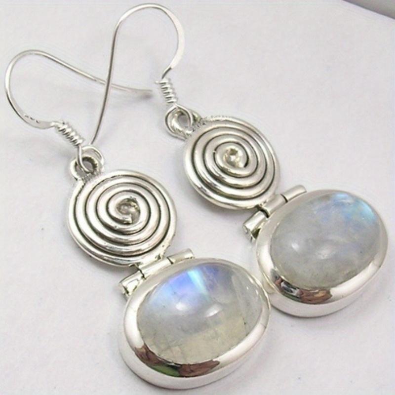 Vintage Posrebrzane Geometryczne Spiralne Kolczyki Wiszące z Kamieniem Księżycowym Damskie Eleganckie Codzienne Wszechstronne Akcesoria Biżuteria Prezenty
