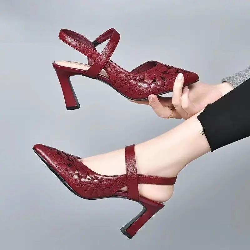 Fashion Red Footwear High Heels Pointed Toe Women's Shoes Medium Thick Heel Summer 2024 Buckles Leather One Word Sandals for Woman Korea