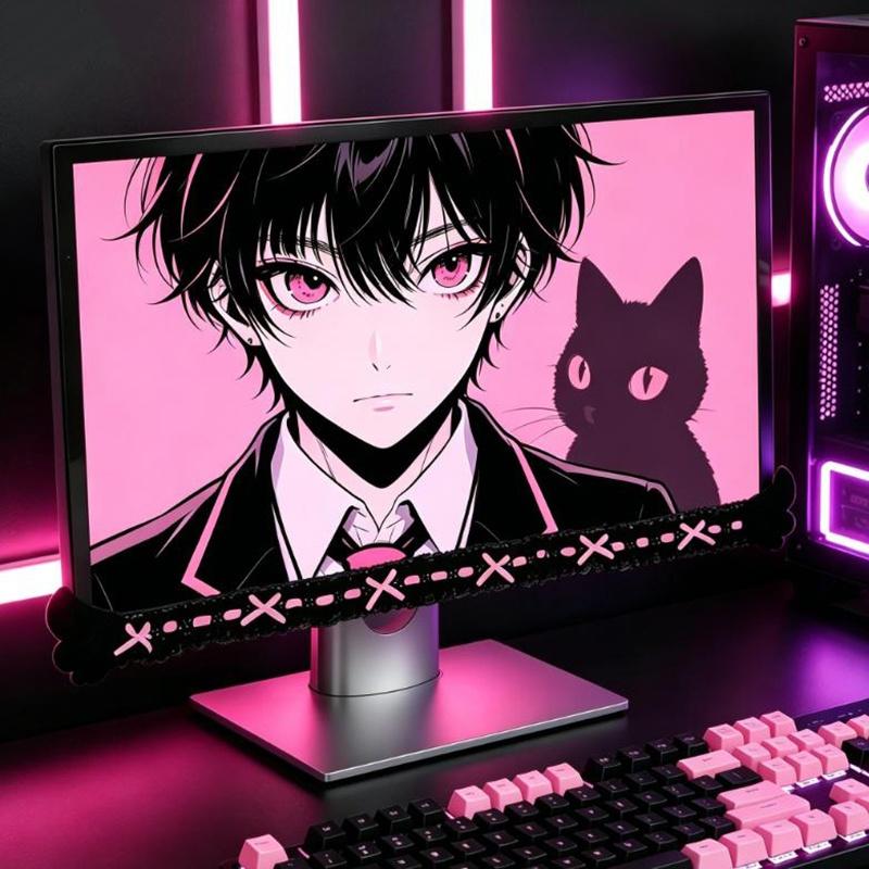Computer Monitor Decor Strip Stickers Black Bow Lace Wings Design Desk Screen Decor Gaming Room Display Screen Ornaments