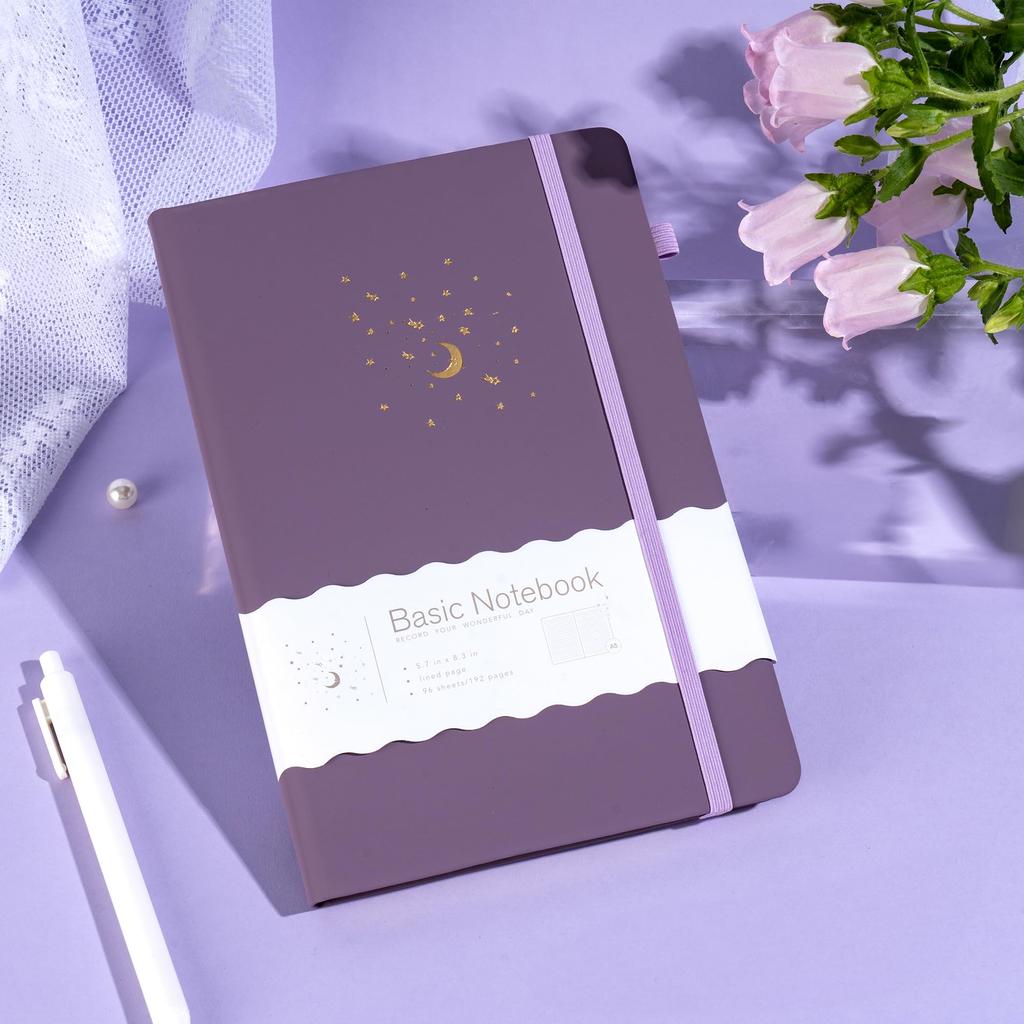 CAGIE A5 Hardcover 8mm with Pen Classic X Perfect for Travel Light Purple Notebook, Stylish, Ruled, Holder, Style, Cute, 14.5cm 21cm, Business,