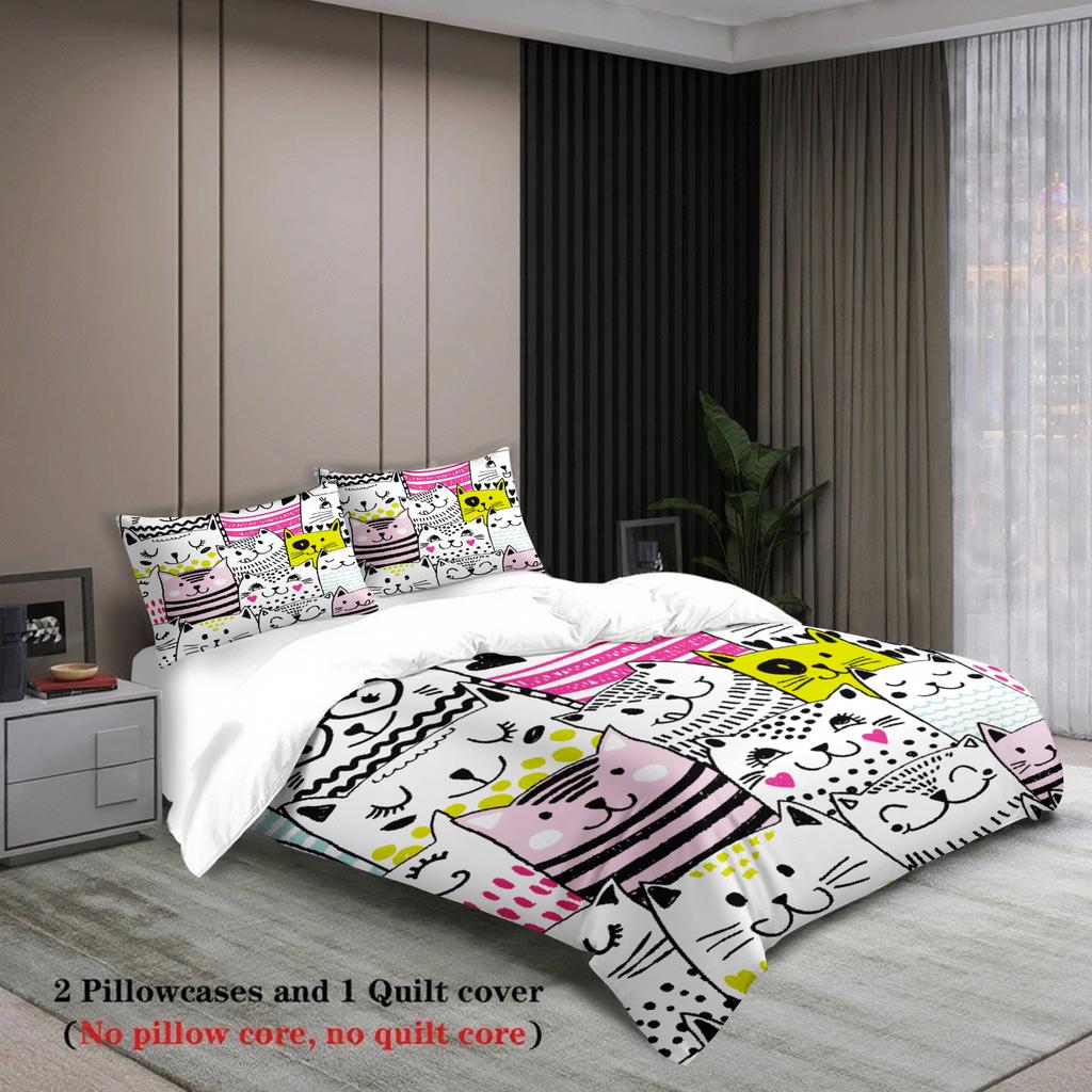 3pcs Cutel Cats Duvet Cover Cartoon Cat Pattern 3DPrint Gifts For Students Girls 100% Polyester Bedding Sets With 2Pillowcases