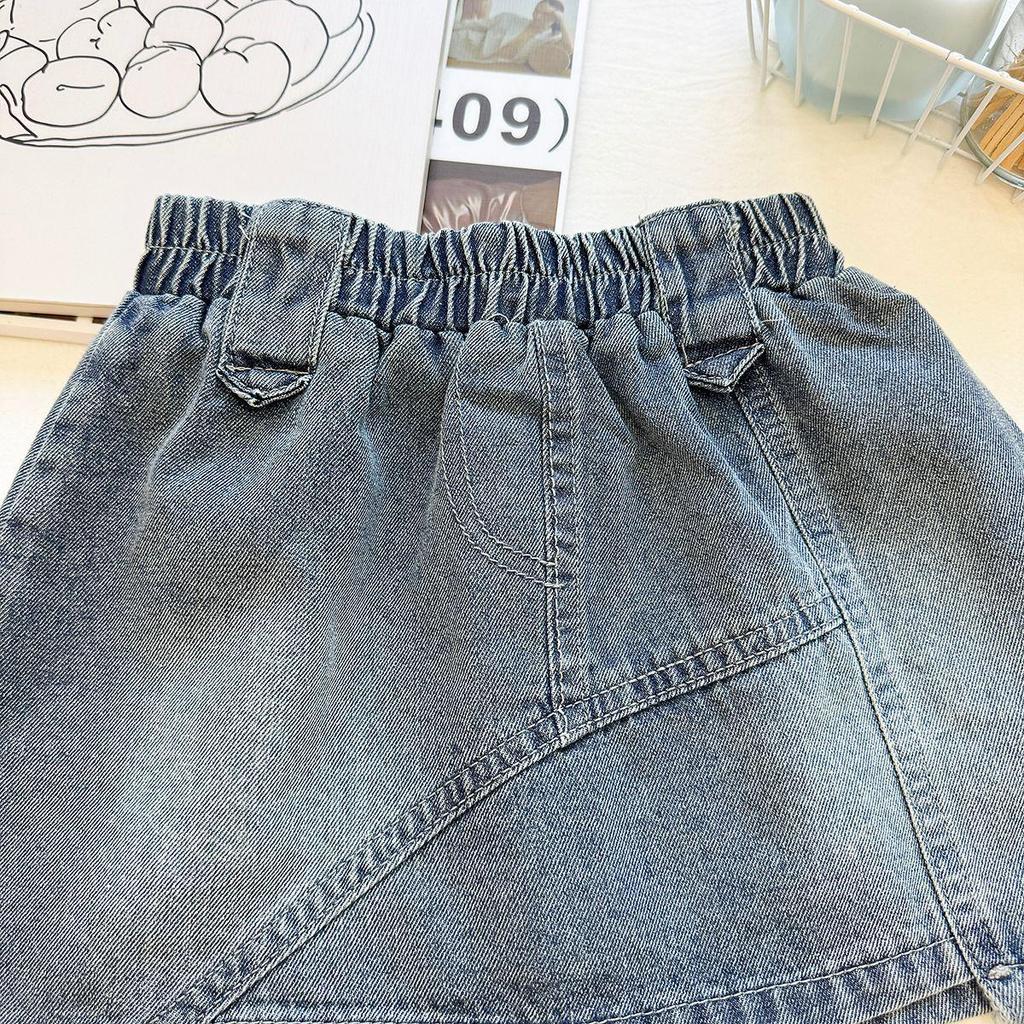Mädchen Sommer 2026 Patchwork Denim Latzhosen Set: Rock mit elastischem Bund & Trendiges Dreiteiler-Outfit