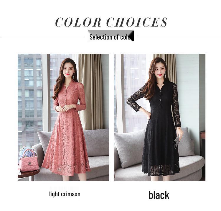 Autumn Lace Slim Fit Solid Color Long-Sleeve Plus Size Dress for Women