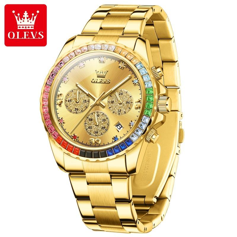 

Часы для мужчин OLEVS Rainbow Gemstone Bezel Business Luxury Quartz Watches Водонепроницаемые светящиеся часы золотой