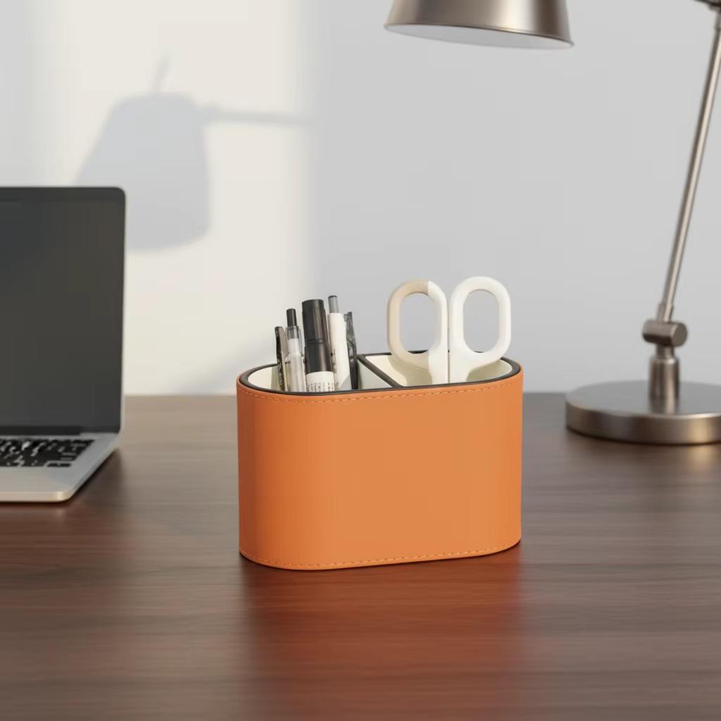 European Oval Leather Pen & Makeup Brush Holder