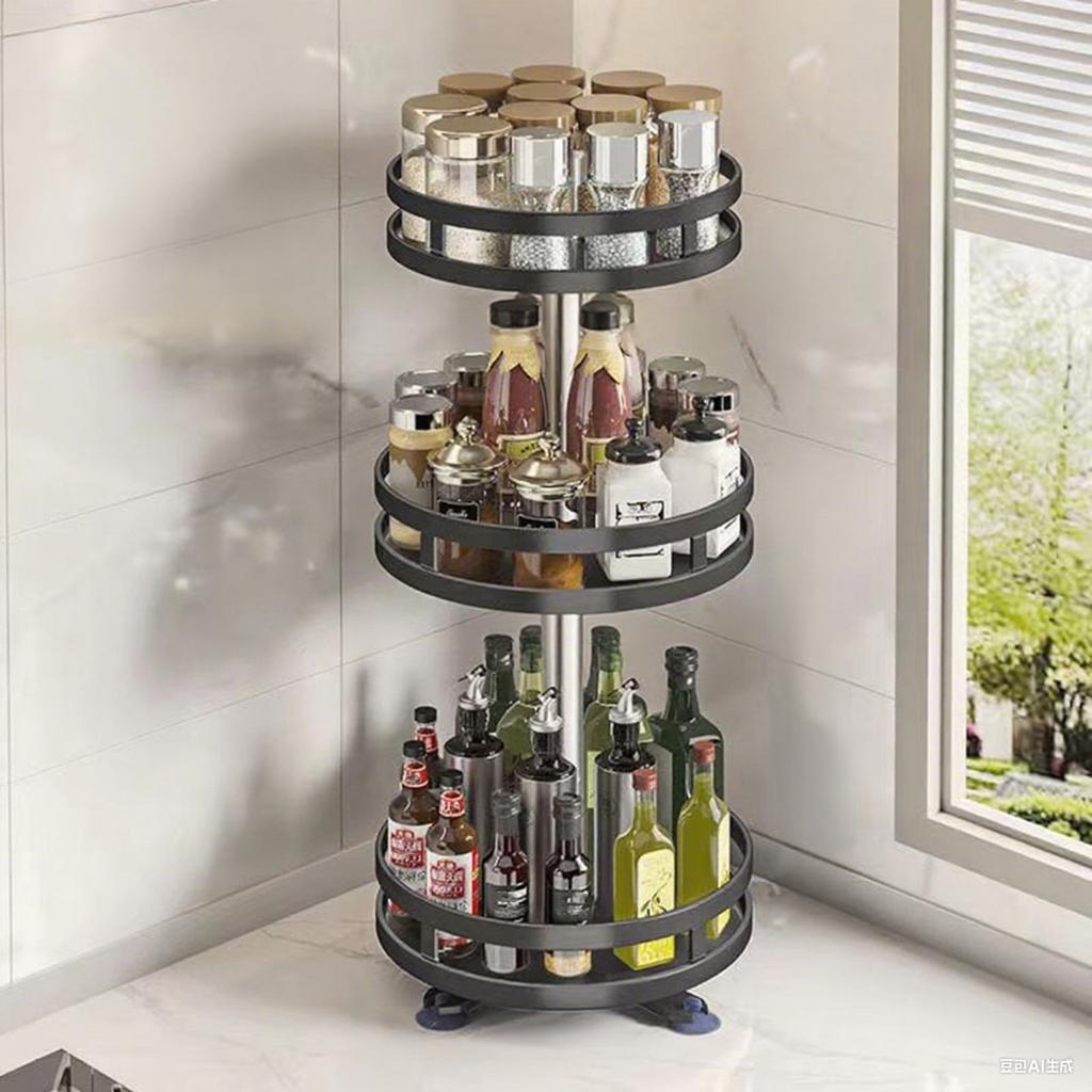 360 Degree Rotating Kitchen Countertop Organizers Adjustable Tiered Shelf For Bathroom Cosmetics Durable Metal With Non Slip Base