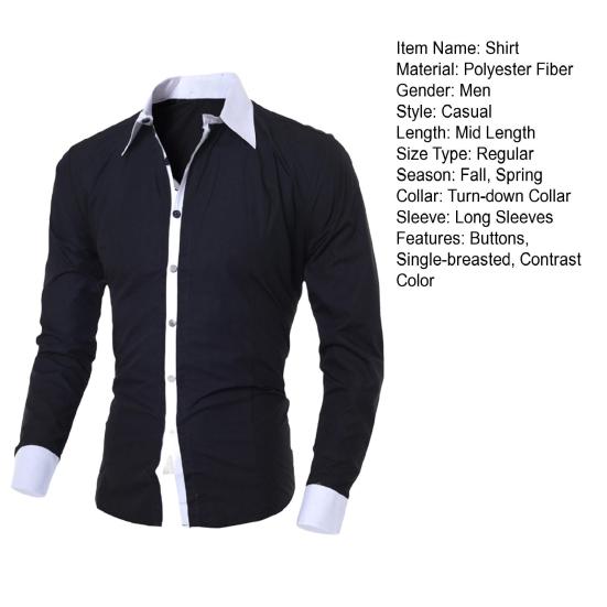 Fall Spring Men Formal Shirt Turn-down Collar Single-breasted Contrast Color Slim Fit Long Sleeves Button Cardigan Mid Length Business Daily