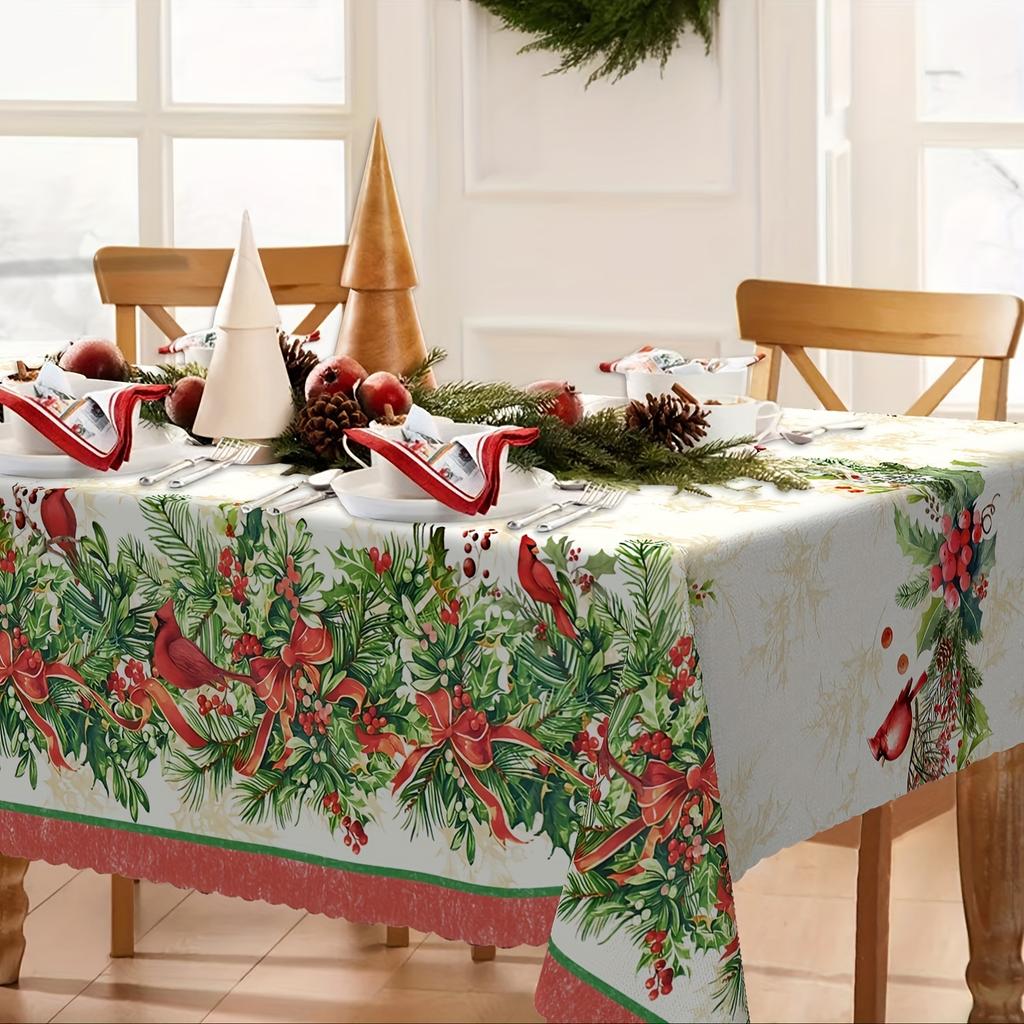 Christmas Holly Berry Bird Waterproof Tablecloth Table Decor Winter Xmas Holiday Kitchen Dining Tablecloth Christmas Decorations