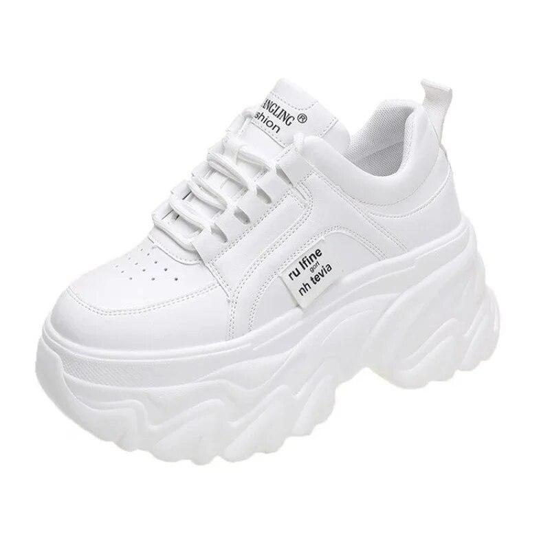 White Black Chunky Sneakers Women Spring Autumn Thick Bottom Shoes Woman's Fashion PU Leather Platform Sneakers Ladies Lace-up