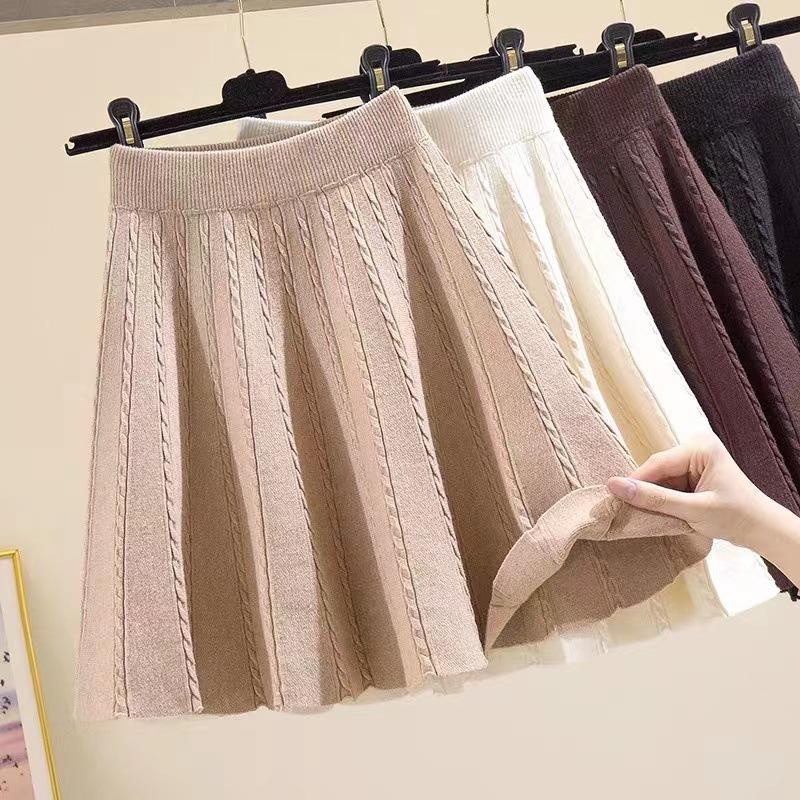 Women's Pleated Short Skirt Fried Dough Twists Knitted Skirt  High Waist Slim A-line Skirt