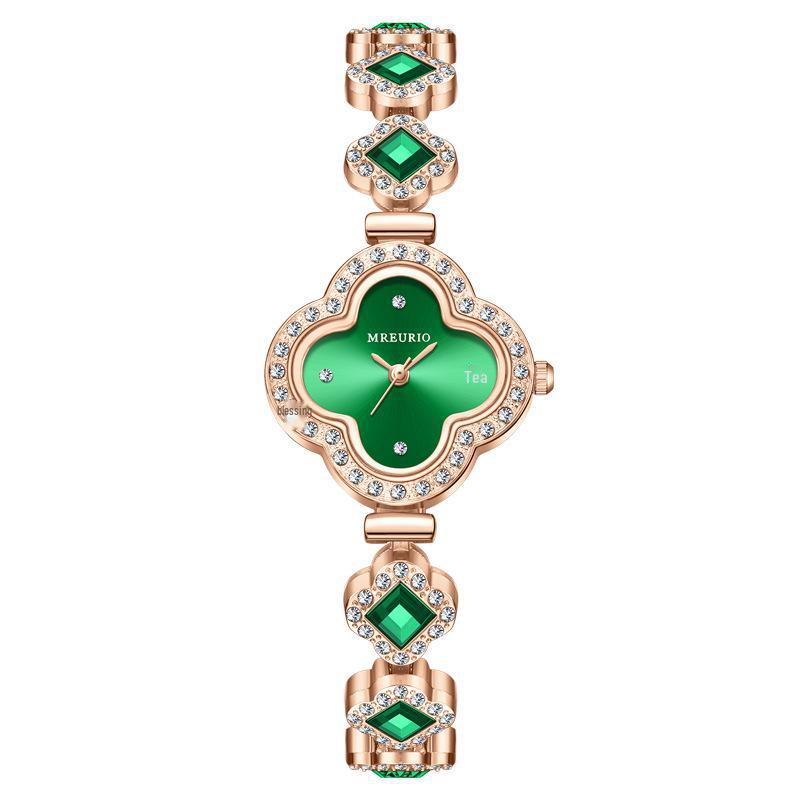 

Изумрудный браслет с четырехлистным клевером, кварцевые часы для женщин зелёный