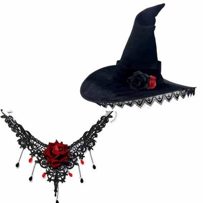 2/3pcs Lace Gothic Witch Hat with Tulle Veil & Rose Necklace - Women's Halloween Party Costume Accessory Fabric